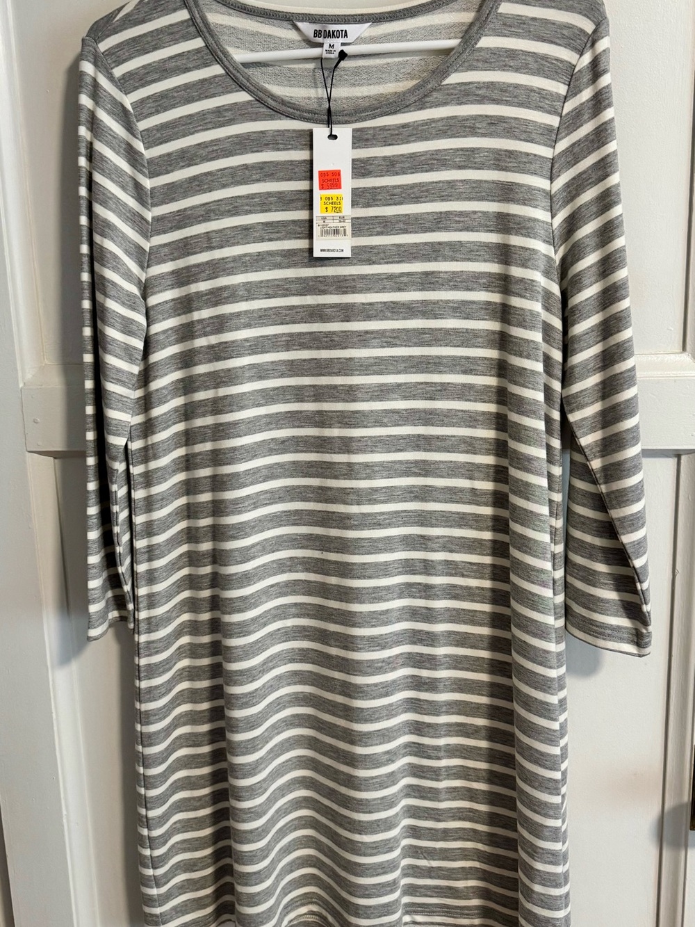 BB Dakota Gray & White Striped Scoop-Neck Midi Dress